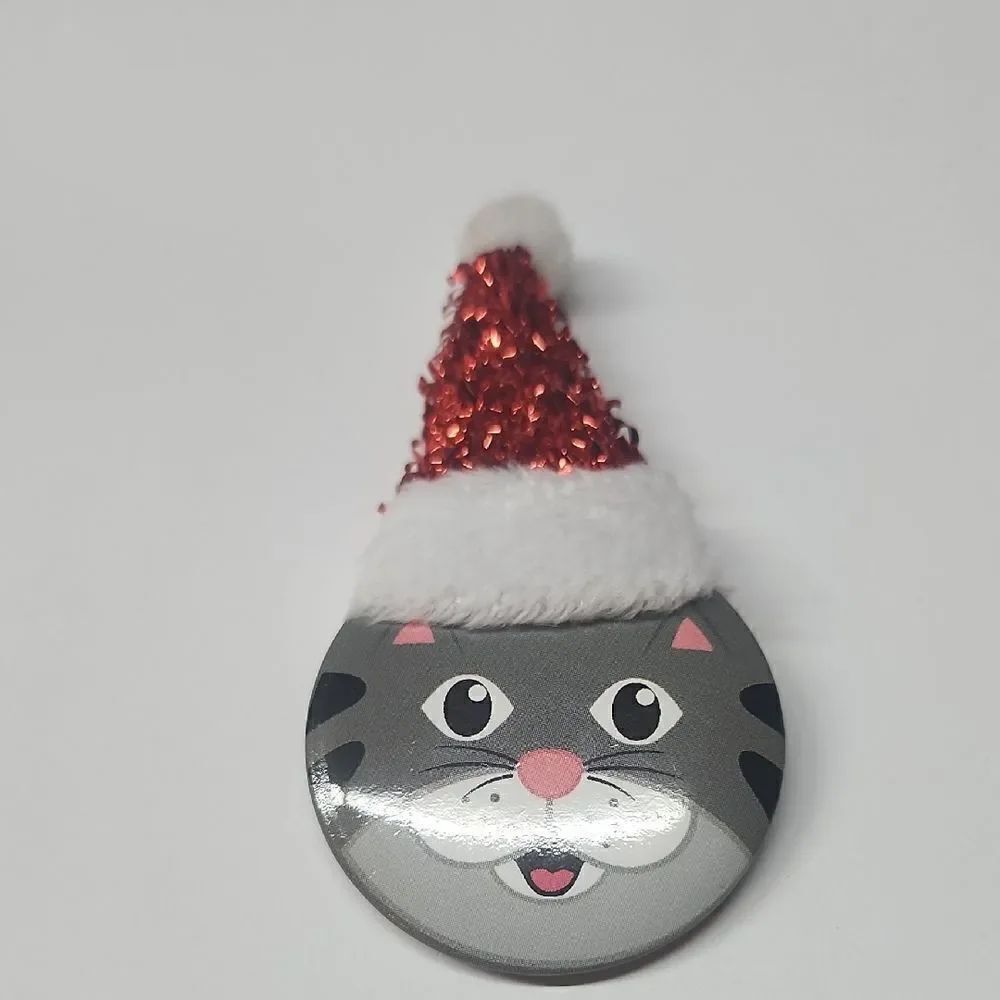 Cat Brooch Pin with Sparkly Red Santa Hat